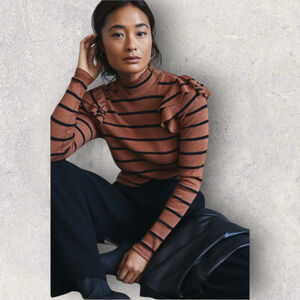 Anthropologie T.La Ruffled Turtleneck Top Size Large Brown Black Stripe …